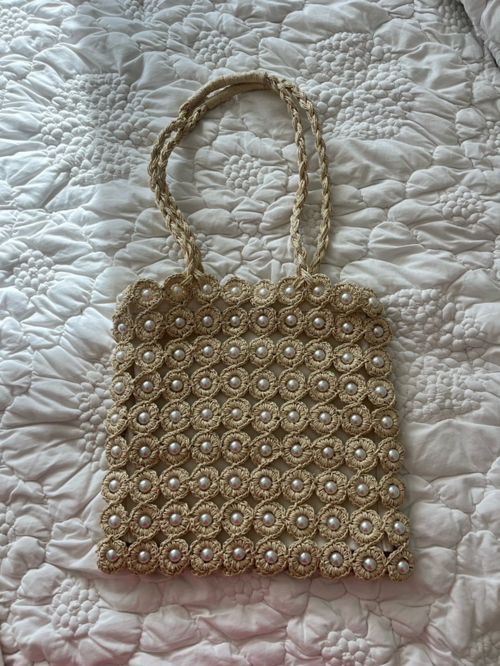 Haute Hippie Natural Woven Pearl-Embellished Tote